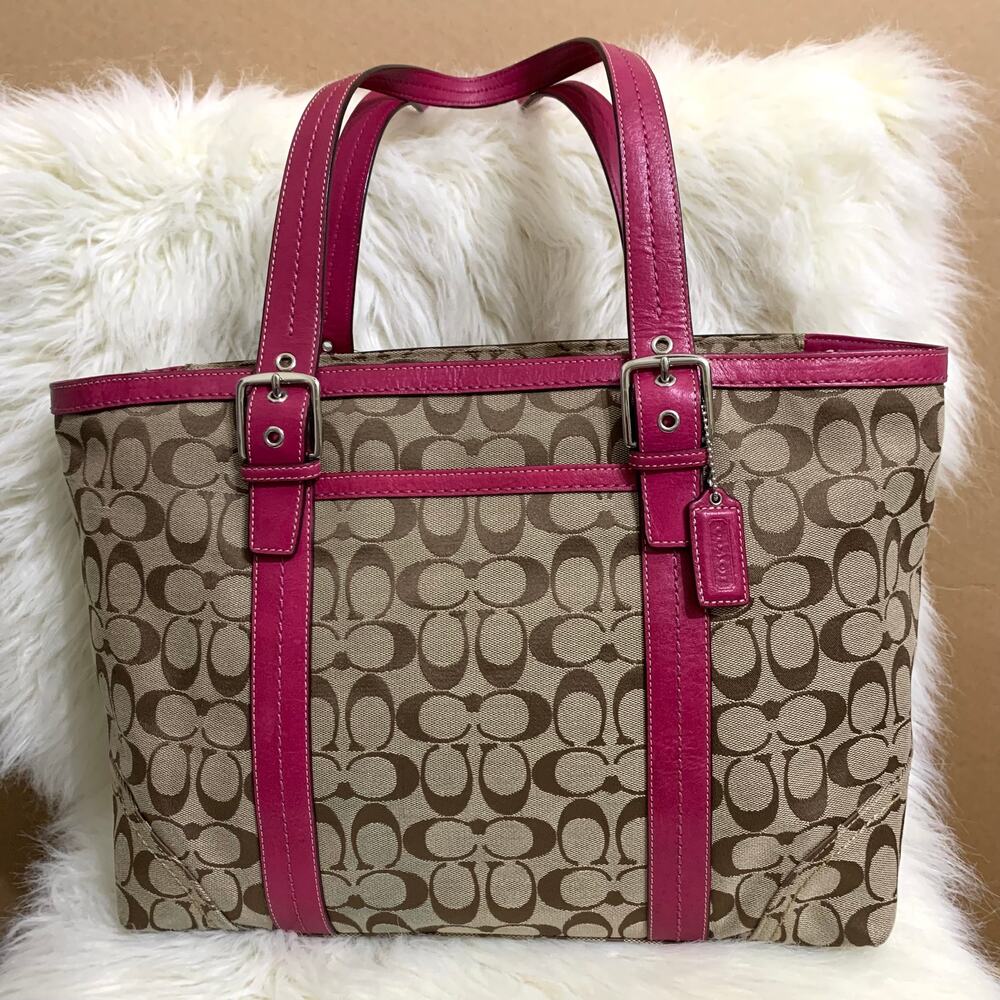 COACH HAMPTON Large Vintage Khaki & Pink Signature Canvas Tote F12647